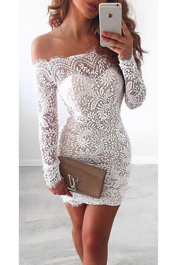 White Homecoming Dress,Lace Off shoulder Long Sleeves Homecoming Gowns,SH31