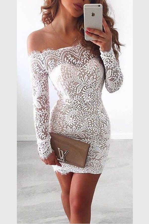 White Homecoming Dress,Lace Off shoulder Long Sleeves Homecoming Gowns,SH31