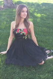 Black Princess Strapless Floral Embroidery Little Homecoming Dresses Prom Dresses, SH326