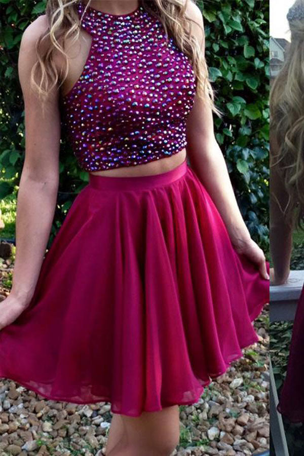 Charming Homecoming Dress Short two pieces beaded halter lovely Short prom dress, SH327