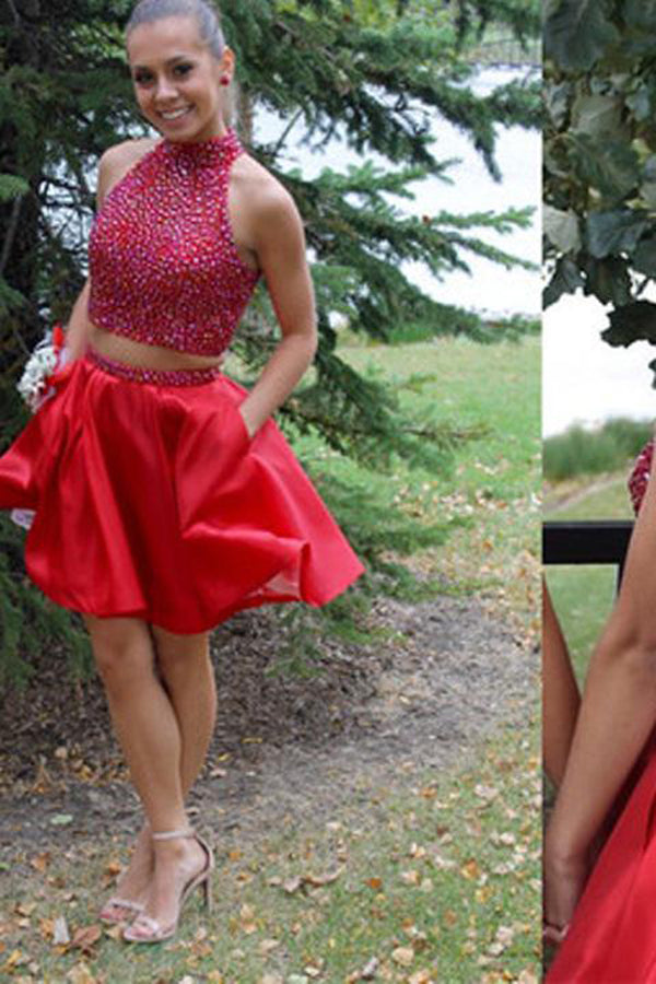 Popular Blush Red Two Piece Homecoming Dress Beaded Short Prom Dress, SH328