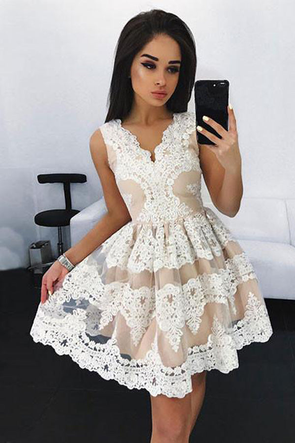 White Lace Homecoming Dresses, A-line Short Prom Dresses Cheap SH330