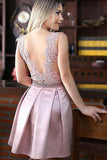 Pink Short Satin A-Line Jewel Homecoming Dress with Beading Appliques from simidress.com