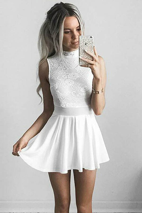 White Chiffon A-Line High Neck Homecoming Dress with Lace, Short Prom Dresses SH339