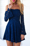 Blue Lace Homecoming Dress,Off Shoulder Mini Prom Dress Short for Summer,SH33