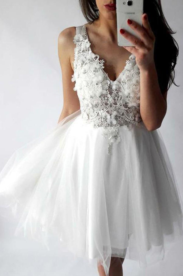 White Tulle A-line V-neck Short Prom Dress, Homecoming Dresses with Appliques, SH340