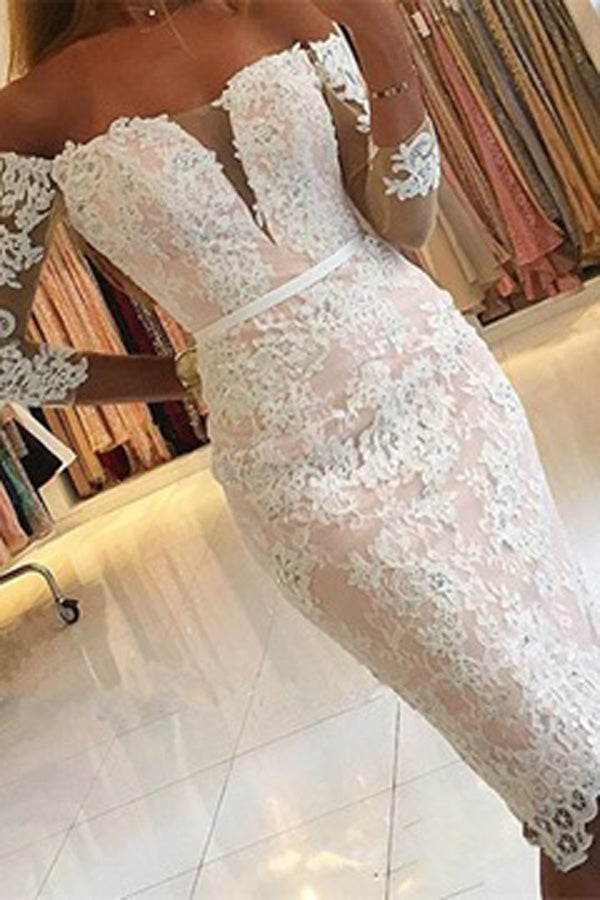 Pink Tight Sheath Lace Off shoulder Homecoming Dresses With Half Sleeve,  SH341 – Simidress
