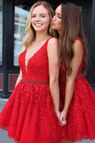 Red Lace V Neck Tulle Homecoming Dresses Short Prom Dress with Applique, SH342