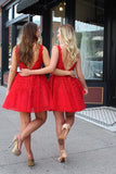 Red Lace V Neck Tulle Homecoming Dresses Short Prom Dress with Applique from simidress.com