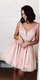 www.simidress.com | Red Lace V Neck Tulle Homecoming Dresses Short Prom Dress with Applique, SH342