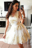 Cute Tulle A-Line V-Neck Homecoming Dress Short Prom Dress with Appliques, SH344
