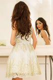 Cute Tulle A-Line V-Neck Homecoming Dress Short Prom Dress with Appliques from simidress.com