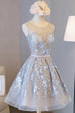 Silver Lace Homecoming Dresses Embroidered Short Prom Dress with Applique, SH345