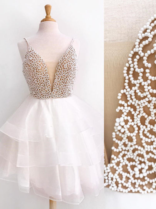 Ivory Beaded Mini Organza V neck Spaghetti Strap Homecoming Dresses Short Prom Dress from simidress.com