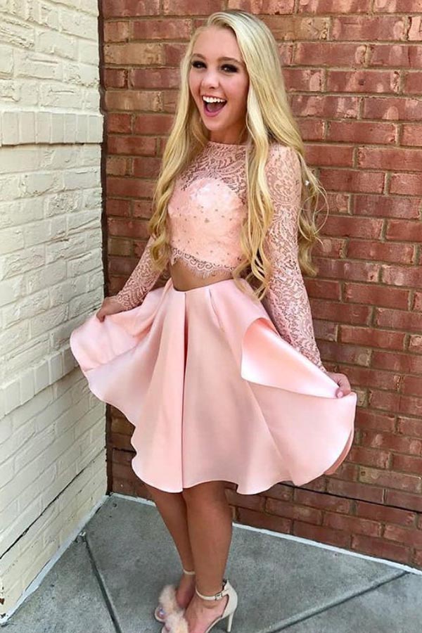 Pink Lace Satin Two Pieces Long Sleeves Homecoming Dress Short Prom Dress, SH348