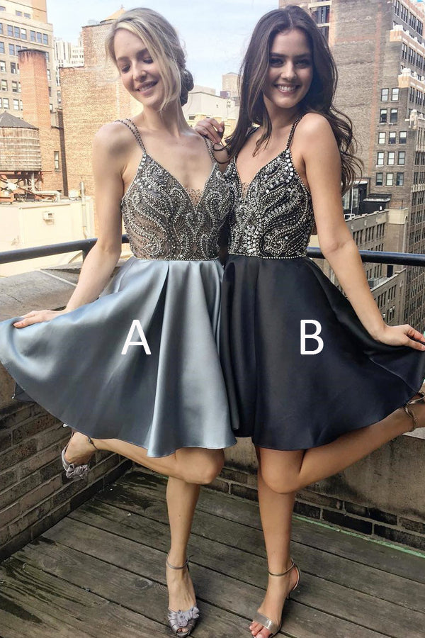 Silver Spaghetti Strap A Line V Neck Homecoming Dresses Short Prom Dress on Line, SH355