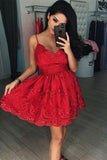Red V Neck A-line Lace Homecoming Dresses Short Prom Dresses, SH356