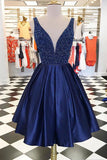 Dark Blue V neck Satin Cute Homecoming Dresses Chic Short Prom Dress, SH357