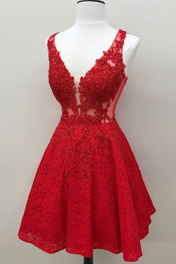 Red Lace V Neck Short A Line Skater Hoco Dress Beaded Homecoming Dress Simidress Red Lace V Neck Short A Line Skater Hoco Dress Beaded Homecoming Dress Simidress