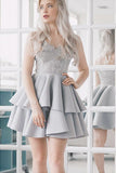 Silver Grey Lace Appliqued Spaghetti Strap Vintage Mini Homecoming Dresses, SH359