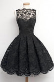 A-Line Sleeveless Scalloped-Edge Vintage Black Lace Prom Homecoming Dress, SH35
