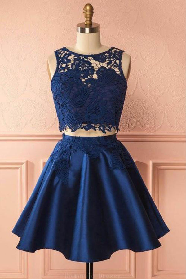 Navy Blue Two Piece Lace Homecoming Dresses Cheap Short Prom Dress, SH360