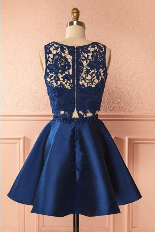 Navy Blue Two Piece Lace Homecoming Dresses Cheap Short Prom Dress|simidress.com