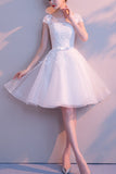 White Lace  A Line Scoop Neck Tulle Short Homecoming Dress, Bridesmaid Dresses SH361