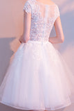 White Lace  A Line Scoop Neck Tulle Short Homecoming Dress, Bridesmaid Dresses|simidress.com