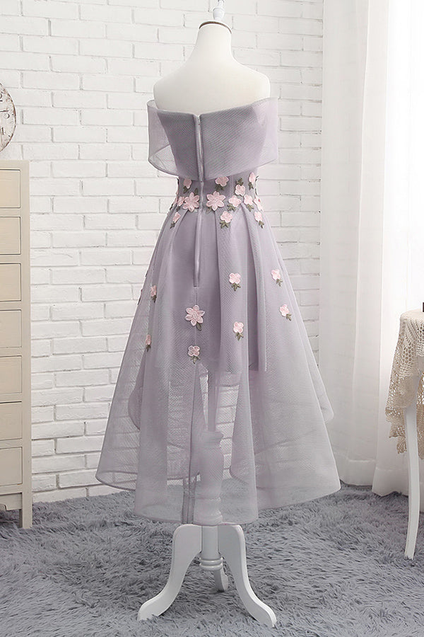 Cute Tulle Off Shoulder High Low Homecoming Dress with Flowers|simidress.com