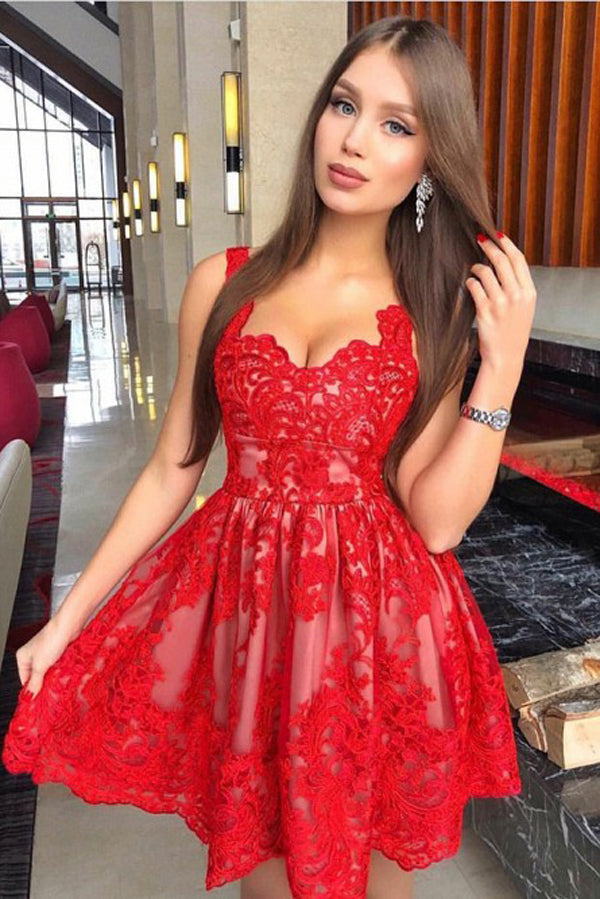 Cute Red A-Line Straps Short Homecoming Dress with Appliques, Party Dress, SH365