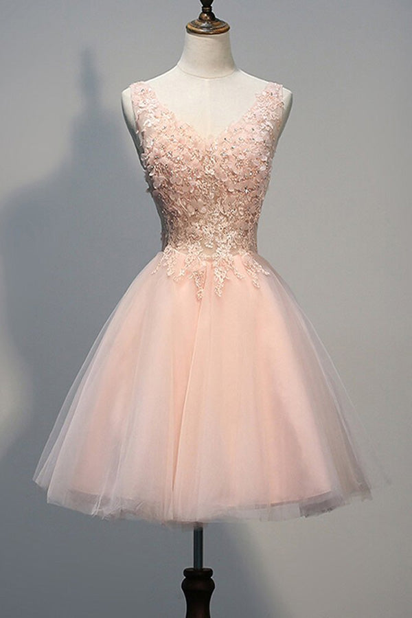 Blush Pink Beaded Backless V-neck Lace Homecoming Dresses Short Prom Dress, SH369