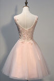 Blush Pink Beaded Backless V-neck Lace Homecoming Dresses Short Prom Dress at simidress.com