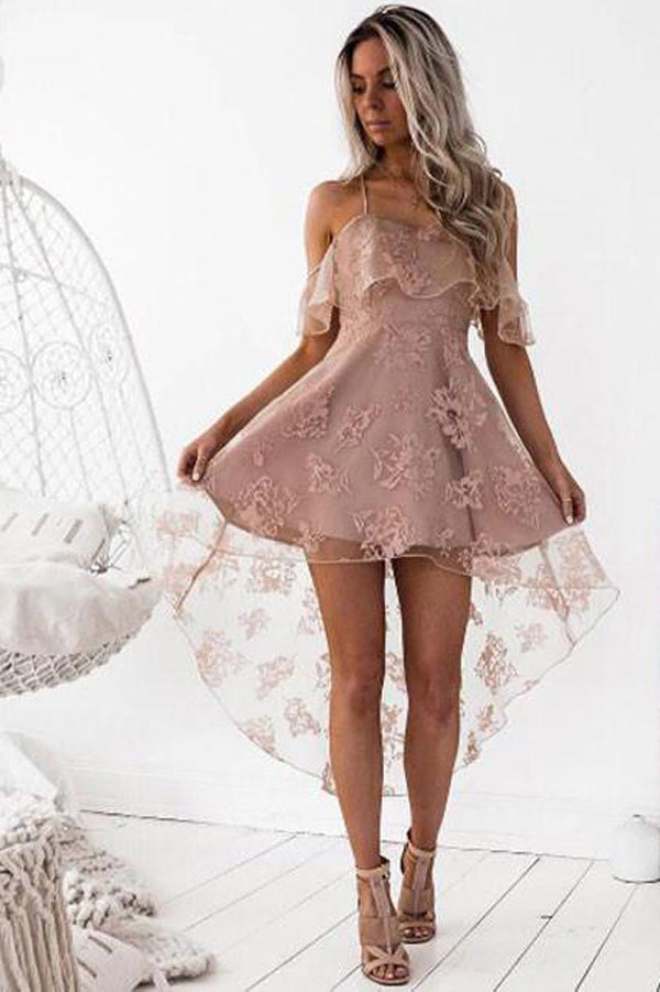 Fashion A-Line Lace Off-Shoulder Blush High Low Short Homecoming Dress, SH371