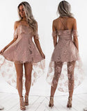 Fashion A-Line Lace Off-Shoulder Blush High Low Short Homecoming Dress at simidress.com
