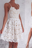 Ivory A-Line Spaghetti Straps Lace-Up Lace Short Homecoming Dress, Sweet 16 Dress, SH374