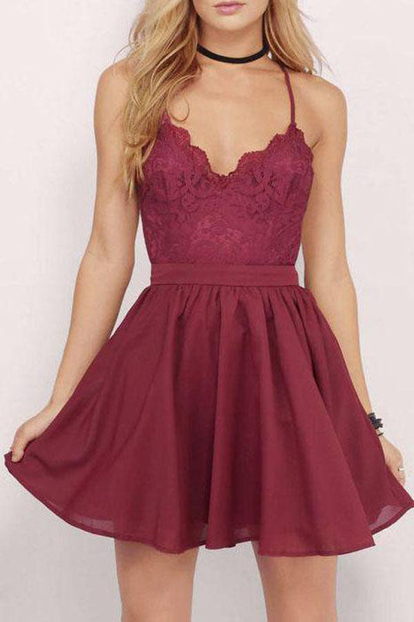 Chiffon Spaghetti Straps Homecoming Dress with Lace Top, Short Mini Grad  Dress, SH378 – Simidress