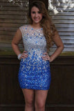 Silver and Royal Blue Homecoming Dress,Rhinestone Prom Dresses Short with Beads,SH37