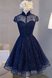 Navy Blue Lace Retro A-line High Neck Short Sleeve Knee-length Homecoming Dress, SH380