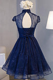 Navy Blue Lace Retro A-line High Neck Short Sleeve Knee-length Homecoming Dress at simidress.com