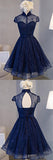 simidress offers Navy Blue Lace Retro A-line High Neck Short Sleeve Knee-length Homecoming Dress, SH380