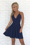 Navy Blue A-line Spaghetti Straps V-neck Backless Simple Homecoming Dresses, SH383