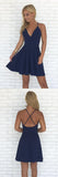 Navy Blue A-line Spaghetti Straps V-neck Backless Simple Homecoming Dresses|Simidress