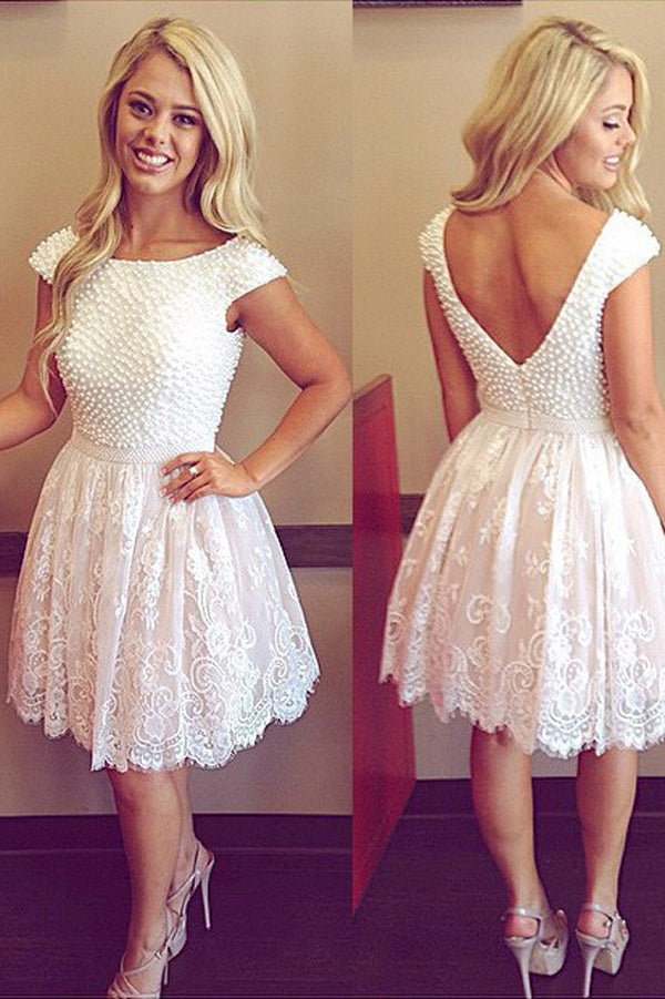 White Short Prom Dresses With Pearls, Scoop Neck Cap Sleeve Homecoming Dress,  SH386  Simidress