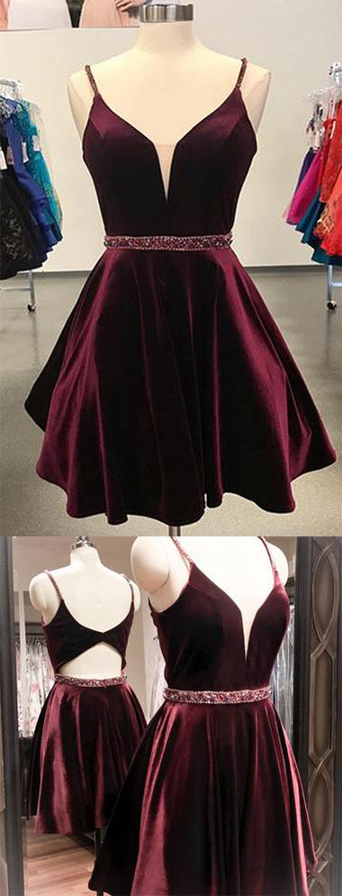 Burgundy Simple A-Line Spaghetti Straps Short Homecoming Dress with Beading, SH388 from simidress.com
