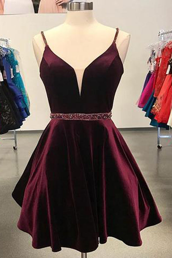 Burgundy Simple A-Line Spaghetti Straps Short Homecoming Dress with Beading, SH388