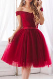 Burgundy Tulle Elegant A-Line Off Shoulder Short Homecoming Dress with Bowknot, SH389
