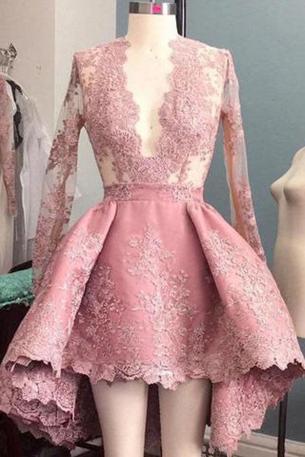 Pink Stylish A-Line Deep V-Neck Long Sleeve High Low Homecoming Dress, SH390