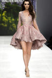 Pink Stylish A-Line Deep V-Neck Long Sleeve High Low Homecoming Dress, SH390 at simidress.com