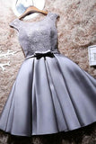 Grey Lace Satin A-Line Bateau Cap Sleeves Short Homecoming Dress with Bowknot, SH391